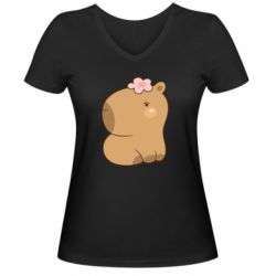 Жіноча футболка з V-подібним вирізом Капібара з квіткою - PrintSalon