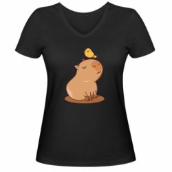 Женская футболка с V-образным вырезом Капибара с птичкой