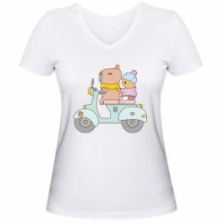 Женская футболка с V-образным вырезом Капибара и Морская свинка - PrintSalon