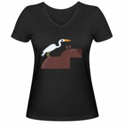 Женская футболка с V-образным вырезом Капибара с цаплей - PrintSalon