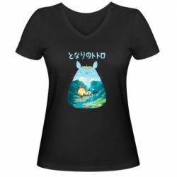 Женская футболка с V-образным вырезом Тоторо на рыбалке - PrintSalon