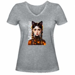 Женская футболка с V-образным вырезом Венздей кошка - PrintSalon
