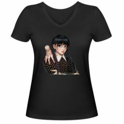 Женская футболка с V-образным вырезом Венсдей и Вещь - PrintSalon