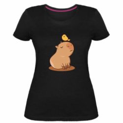 Женская премиум футболка Капибара с птичкой - PrintSalon