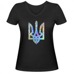 Женская футболка с V-образным вырезом Жирный Герб Украины голограмма - PrintSalon